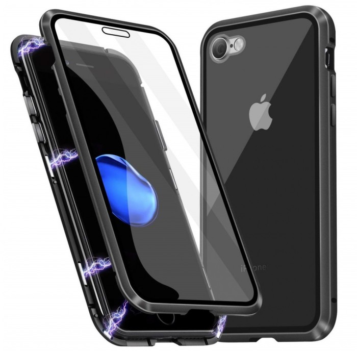 Husa Magnetic Glass 360&deg; (sticla fata + spate) pentru iPhone 8, Negru
