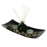 Suport de lumanari, Zola&reg;, din lemn, cu 2 sfesnice din sticla si pietricele decorative