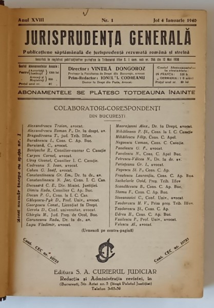 JURISPRUDENTA GENERALA , ANUL XVIII , NUMERELE I - XL , 1940