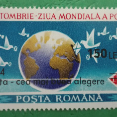 TIMBRE ROMANIA MNH LP 1357/1994 Ziua Mondială a Postei supratipar Serie simpla