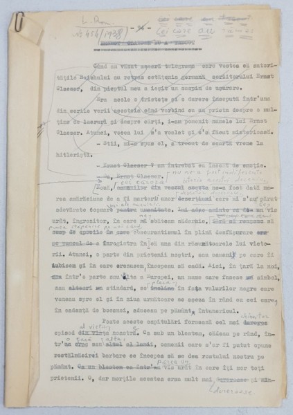 GEO BOGZA - CEI CARE AU RAMAS - ARTICOL PENTRU ZIAR , DACTILOGRAFIAT , CU CORECTURILE, MODIFICARILE SI ADAUGIRILE OLOGRAFE ALE AUTORULUI , 1938