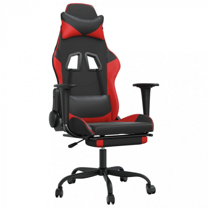 Scaun de gaming cu suport picioare, negru/roșu, piele ecologică