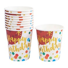 Set 10 Pahare, Cyrax, Imprimeu Happy Birthday Baloane, din Carton, 250 ml, 7.5 x 8.5 x 5.2 cm, Multicolor