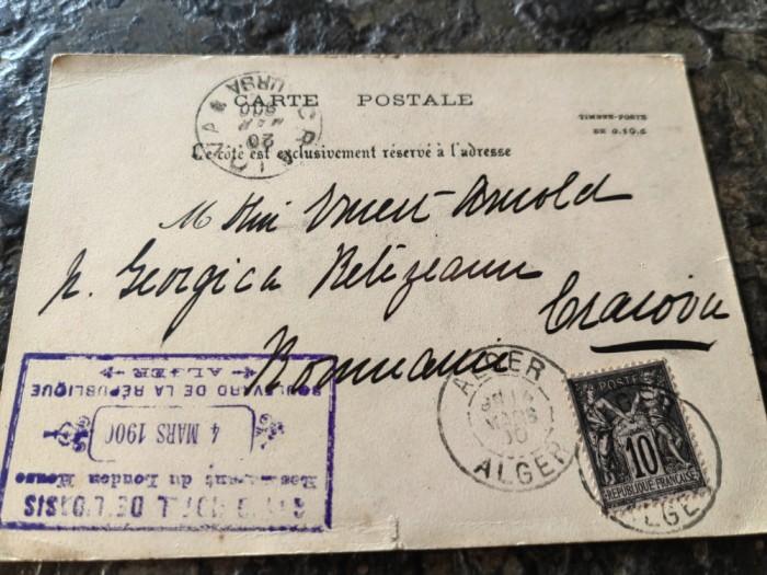 Carte postala Alger- Craiova, 1900, Targ 4 martie 1900, dest Georgica Belizeanu