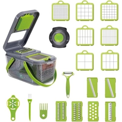 Set razatoare cu 22 de piese, cu lame din otel inoxidabil, accesorii pentru taiat si feliat, gri/verde foto