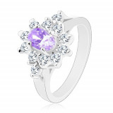 Inel strălucitor de culoare argintie, zirconiu oval violet deschis, zirconii transparente - Marime inel: 49