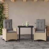 Set masa gradina vidaXL, 3 piese, poliratan bej, cu perne gri deschis, scaune rabatabile, blat sticla 80x80x74 cm