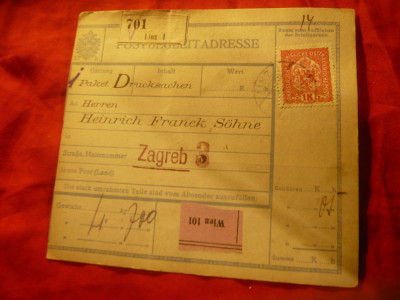 Chitanta de colet postal expediat Austria (Linz)- Zagreb ,francat cu 1kor.1918 foto