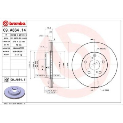 Set discuri frana Toyota Auris ( E15 ), Corolla Saloon ( E18, Corolla Sedan ( E15 ), punte fata, 275x22, ventilat, BREMBO foto