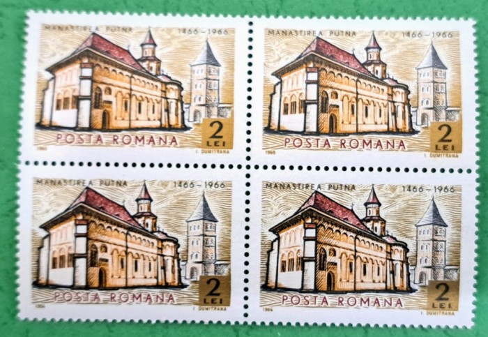 TIMBRE ROM&Acirc;NIA MNH LP 638/1966 500 ani zidirea M&acirc;năstirii Putna -Bloc de 4