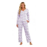 Set pijamale pentru femei Y2K cu imprimeu animalier, cu nasturi, din material canelat, două piese, m&acirc;neci lungi cu buzunare &ndash; Mov XL