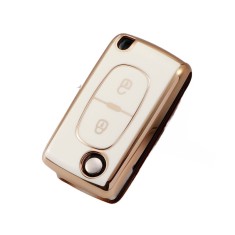 Husa Cheie Compatibila cu Briceag Peugeot 307 308 207, tpu, 2 Butoane, ALB cu contur auriu