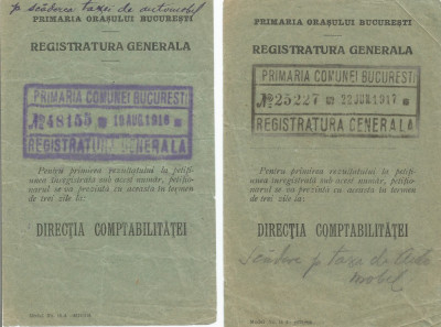 Rom&amp;acirc;nia, Primăria oraşului Bucureşti, Registratura gen., 2 bonuri de &amp;icirc;nregist. foto