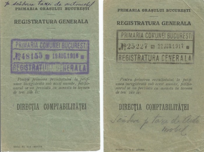 Rom&acirc;nia, Primăria oraşului Bucureşti, Registratura gen., 2 bonuri de &icirc;nregist.