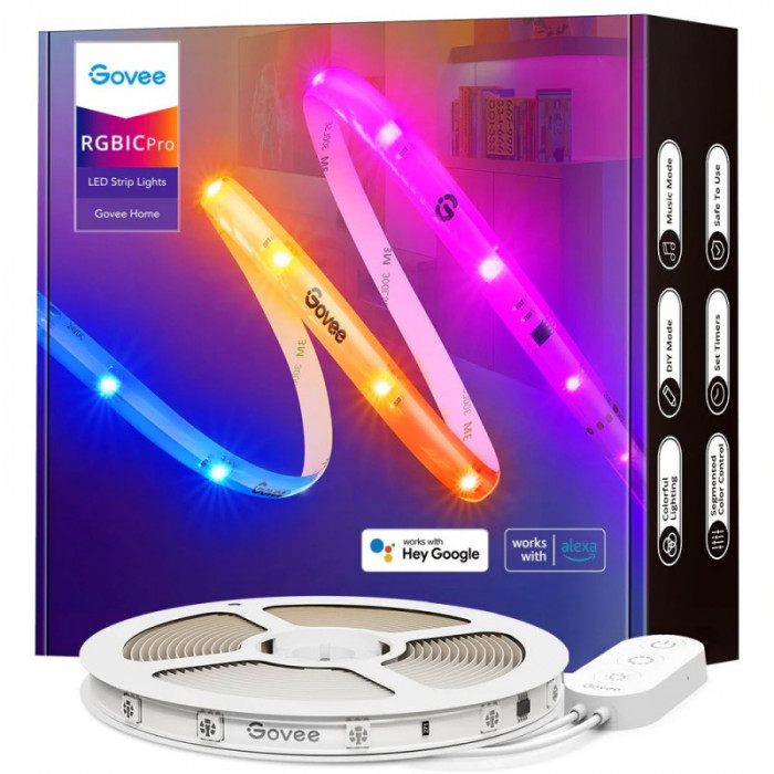 Banda LED Govee RGBIC Pro, 10 m, Sincronizare Muzica, Wi-fi, Bluetooth, Alexa, Google Asistant, strat protector