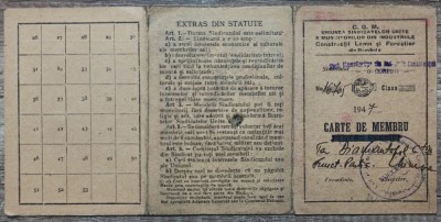 Carte de membru Uniunea Muncitorilor din Industria Constructii Lemn 1947 foto