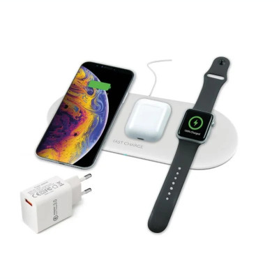 Incarcator Wireless Ksix 3in1 pentru Airpods si Apple Watch QC 3.0 7.5W-10W Alb foto