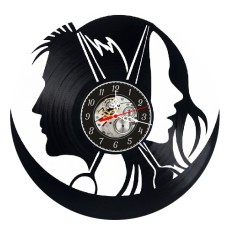Ceas de perete decorativ realizat din disc de vinil, Model Salon de Coafura si Frizerie cu Profil Femeie, Barbat si Foarfece, Negru, 30 cm