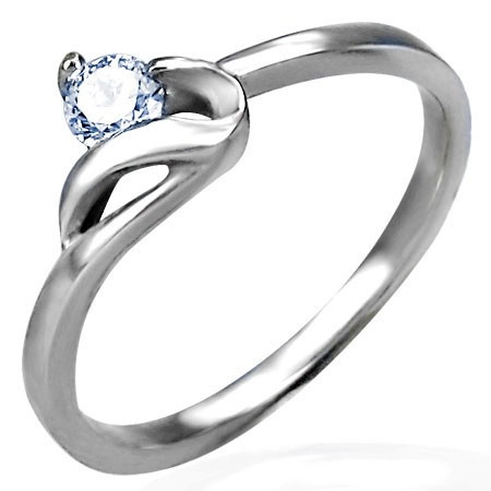Inel de logodnă de culoare argintie,oţel de 316L,zirconiu rotund,transparent şi braţe ondulate - Marime inel: 49