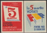1961 Romania - Set 2 etichete de chibrituri romanesti La 5 Martie Votati candidatii Frontului Democratiei Populare