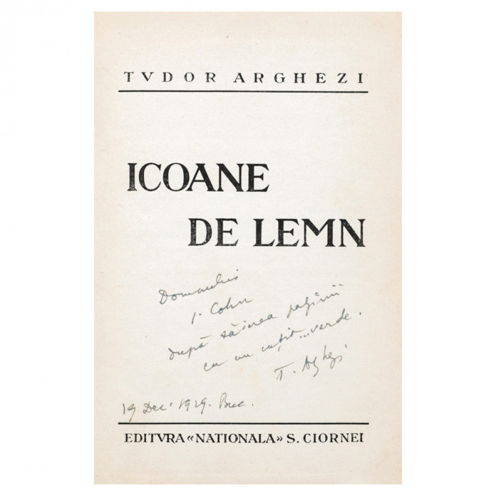 Tudor Arghezi, Icoane de lemn, 1930, cu dedicație pentru I. Cohn