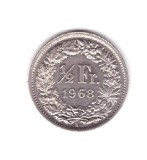 Moneda Elvetia 1/2 franc 1968, stare foarte buna, curata, Europa, Cupru-Nichel