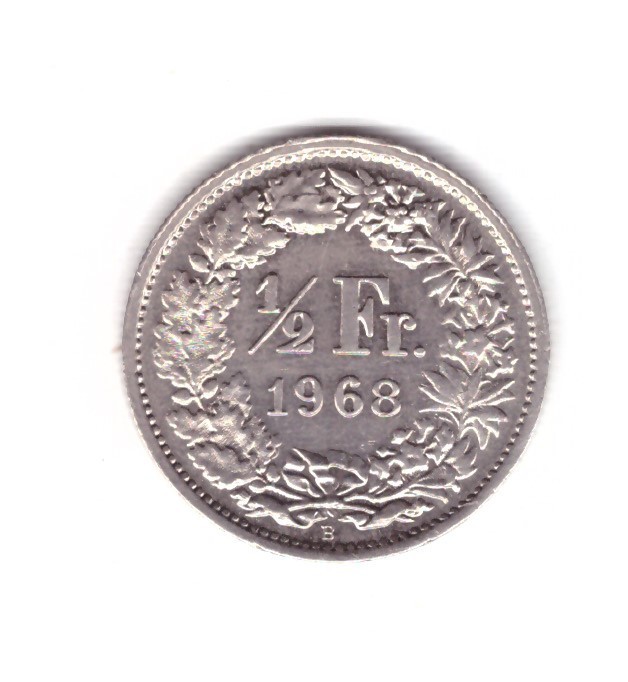 Moneda Elvetia 1/2 franc 1968, stare foarte buna, curata