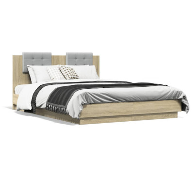vidaXL Cadru de pat cu tăblie și lumini LED, stejar sonoma, 120x200 cm foto