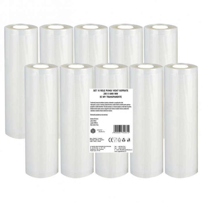 Set 10 role pungi vidat gofrate, dimensiuni 280x6000 mm, transparente, grosime 85 microni, preparare sau depozitare Sous Vide