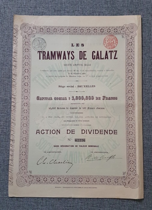 Actiune 1899 soc. tramvaielor Galati , titlu , actiuni