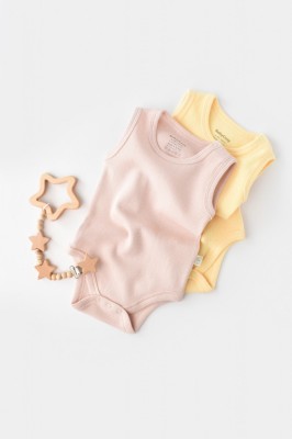 Set 2 body-uri fara maneci bebe unisex -100% bumbac organic - Galben/Roz, BabyCosy (Marime: 18-24 Luni) foto