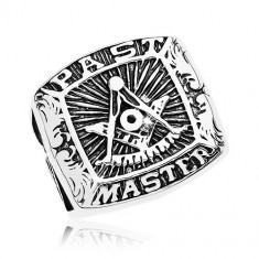 Inel din oțel chirurgical, simbolul Francmasonilor și inscripție, patină neagră - Marime inel: 58