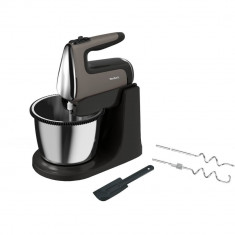 Mixer cu bol Tefal PowerMix Silence HT654E38, 600 W, 2.5L, 5 trepte viteza + turbo, 2 teluri/carlige din inox, Spatula, Negru/Argintiu