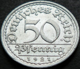 Moneda istorica 50 PFENNIG - IMPERIUL GERMAN, anul 1921 *cod 4470 D