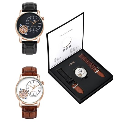Ceas unisex A345, quartz, 2 bratari piele eco, cutie, 2 modele foto