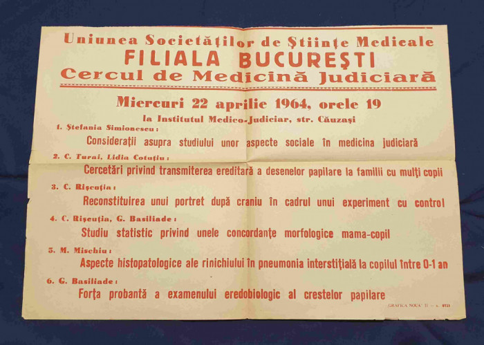 Cercul de Medicina Judiciara Uniunea Societat de stiinte medicale Afis anul 1964