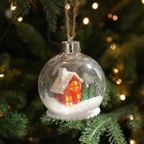 Glob pentru Bradul de Craciun LED, Flippy, Model A, Glob Transparent cu Figurina Casa si Braduti iluminat LED, Diametrul 10 cm, Baza Solida, Transpare