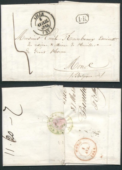 Belgium France 1844 Stampless Cover + Content Lille Hornu Mons DB.498