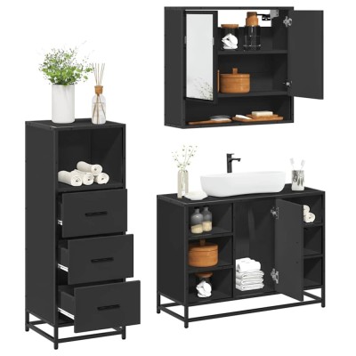Set mobilier de baie, 3 piese, negru, lemn compozit foto