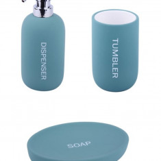 Set 3 accesorii pentru baie format din savoniera, dozator sapun si pahar igiena dentara, Ceramica cauciucata, Verde