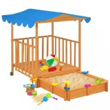 Casuta Joaca Copii cu Groapa Nisip vidaXL, Lemn Brad, Acoperis Albastru UV50, 130x130x143cm
