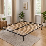 Somiera metalica fixa pentru pat 120x190, 6 picioare, 30 lamele lemn fag, benzi textile, suport saltea ferm, negru