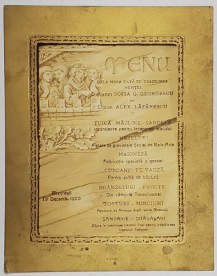 MENIU DE LA MASA DATA CU OCAZIA NUNTII LOCOT. ALEX. LAZARESCU cu SOFIA G. GEORGESCU , 1920 foto