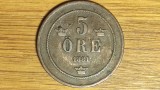 Suedia - moneda de colectie bronz - 5 ore 1881 an mai rar - Oscar II - ⌀27 mm - impecabila, Europa