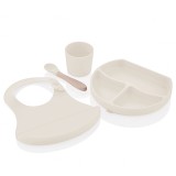 Set Diversificare 4 Piese BabyJem Silicon Ecru: Bavetica, Farfurie, Lingurita, Pahar