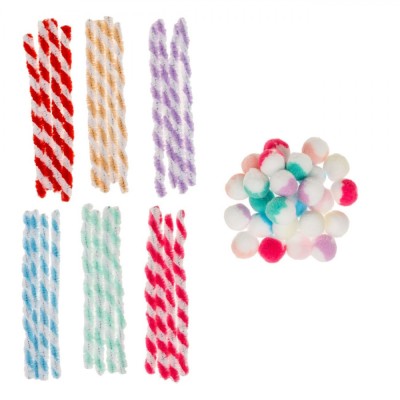 Set Creativ, Model Fără Brand, S&amp;acirc;rmă Chenille și Pompoane, Multicolor, 50 Bucăți foto