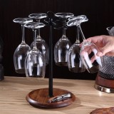 Cumpara ieftin Suport rotativ pentru pahare cu picior, cu baza din lemn, cadru din metal, pentru 6 pahare, negru/maro
