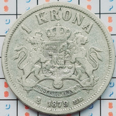 Suedia 1 Krona - Oscar II ("OCH" in title) 1879 argint tiraj 77.254 km 747 A033
