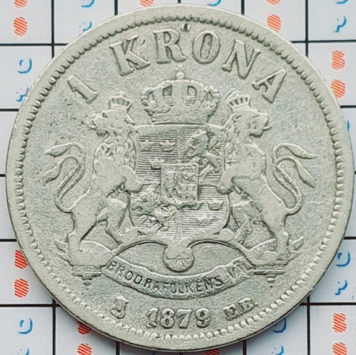 Suedia 1 Krona - Oscar II (&quot;OCH&quot; in title) 1879 argint tiraj 77.254 km 747 A033
