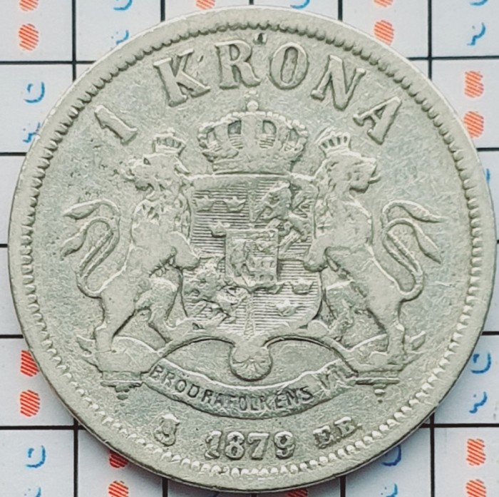 Suedia 1 Krona - Oscar II (&quot;OCH&quot; in title) 1879 argint tiraj 77.254 km 747 A033